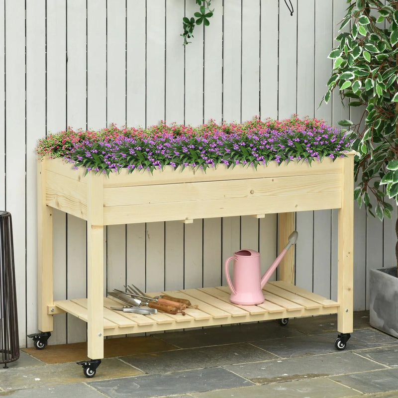 Outsunny - Raised Garden Bed, 47" x 22" x 33", Elevated Wooden Planter Box With Lockable Wheels, Storage Shelf, And Bed Liner For Backyard, Patio - Natural by Unique Piece Furniture