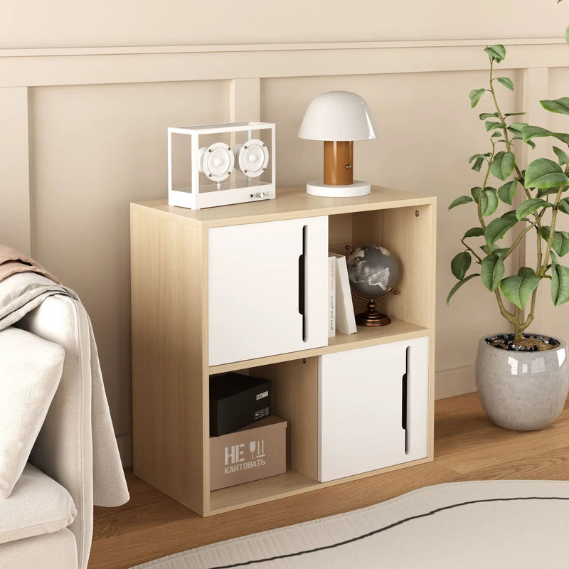 Storage Cabinet With Sliding Doors, 2 Tier Open And Closed Shelves Organizer - Natural / White by Unique Piece Furniture