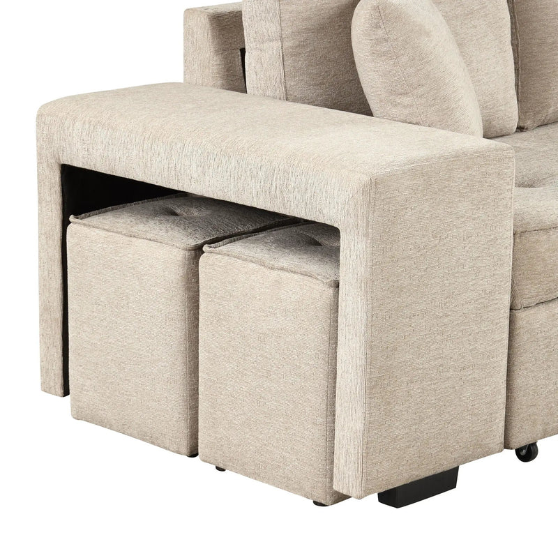 Modern L-Shape 3 Seat Reversible Sectional Couch, Pull Out Sleeper Sofa With Storage Chaise And 2 Stools For Living Room Furniture Set by HouseOfZazla