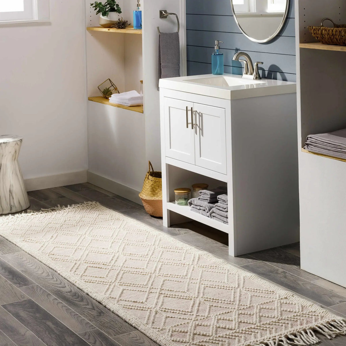 Ramsbury Pink Area Rug, installed in a room