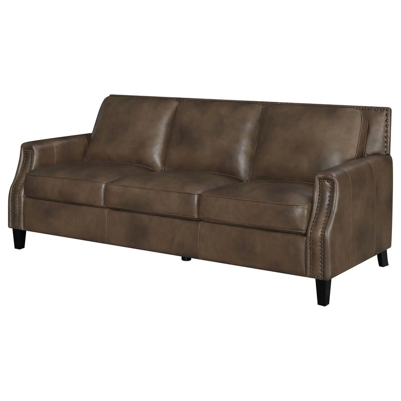 Gunderson - Upholstered Recessed Sofa In Sugar Leather With Tapered Legs - Brown by HouseOfZazla