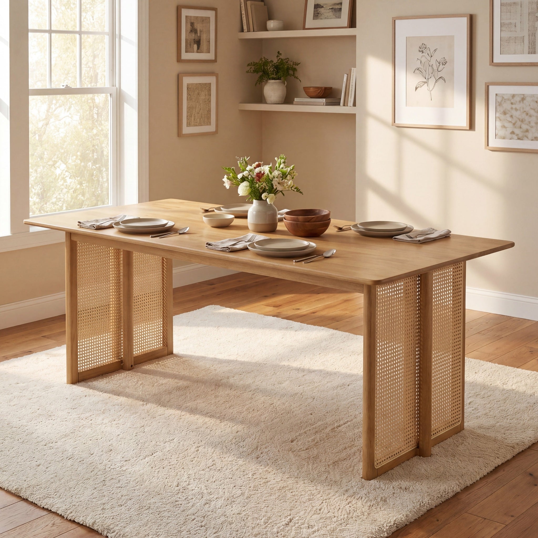 Natural Rubber Wood Dining Table with Rattan Accents by HouseOfZazla