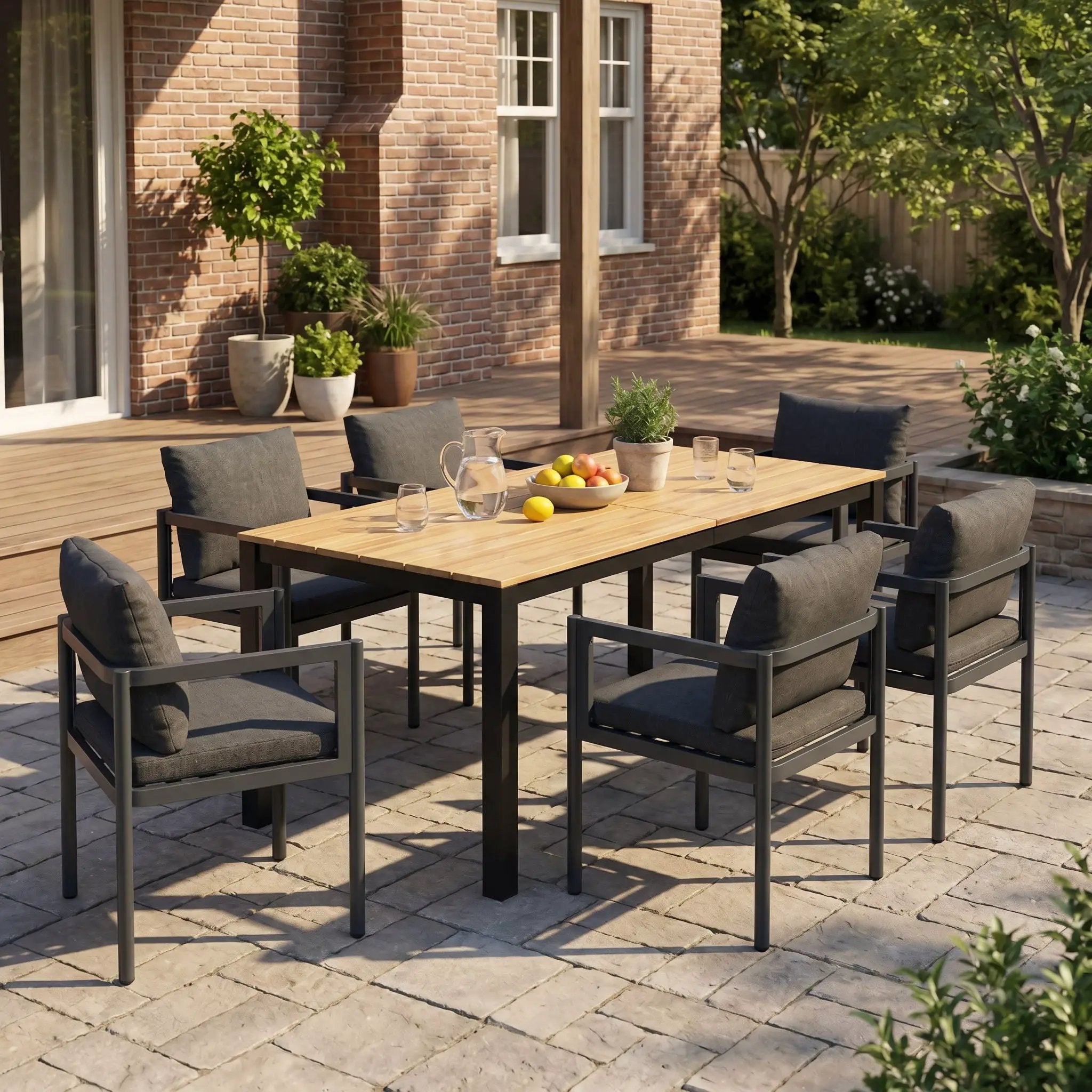 7 Piece Outdoor Dining Set With Table And 6 Chairs - Black / Gray / Teak by HouseOfZazla