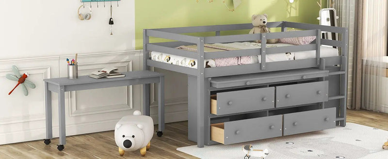 Loft Bed With Retractable Writing Desk And 4 Drawers, With Lateral Portable Desk And Shelves by HouseOfZazla
