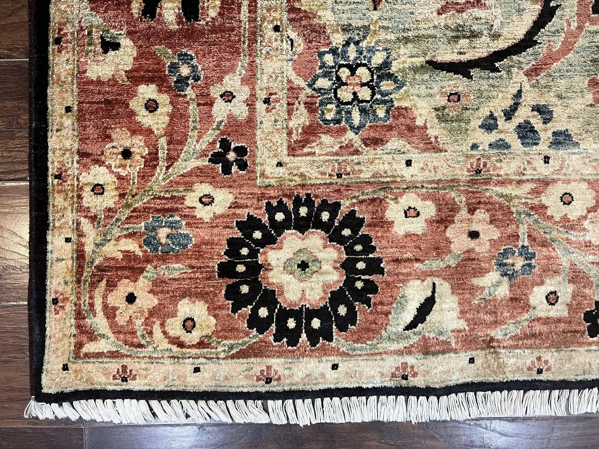 Pak Persian Rug 8x10, Pakistani Mahal Sultanabad Carpet, Signature from Master Weaver, Shiny Wool, Black Red Vintage Handmade Medallion Rug by Jewel Rugs