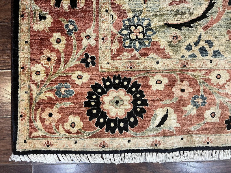 Pak Persian Rug 8x10, Pakistani Mahal Sultanabad Carpet, Signature from Master Weaver, Shiny Wool, Black Red Vintage Handmade Medallion Rug by Jewel Rugs