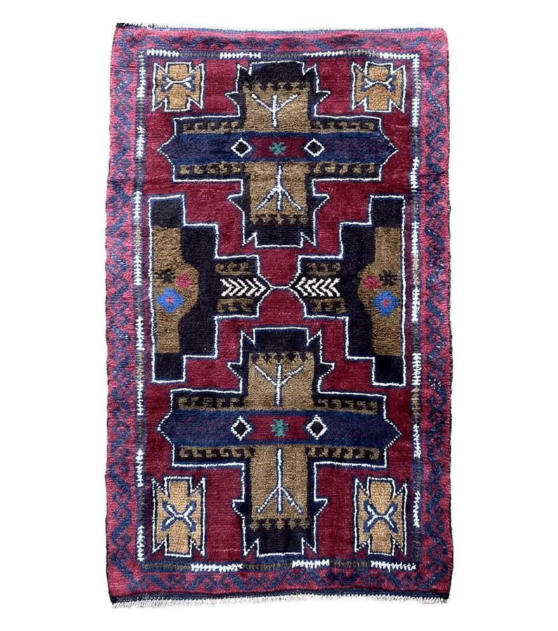 2' 10" X 4' 9" Vintage Handmade Tribal Wool Rug Balouchi Rug Afghan Rug Red Blue by Jewel Rugs