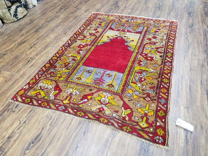 Antique Turkish Prayer Rug 3.8 x 5ft, Colorful Prayer Rug, Red Blue Gold Multicolor Turkish Anatolian Carpet, Handmade Hand-Knotted, Wool by Jewel Rugs