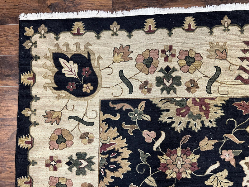 Indo Persian Rug 10x14, Wool Handmade Room Sized Floral Oriental Carpet, Indian Mahal Flatweave Rug, Black Beige by Jewel Rugs