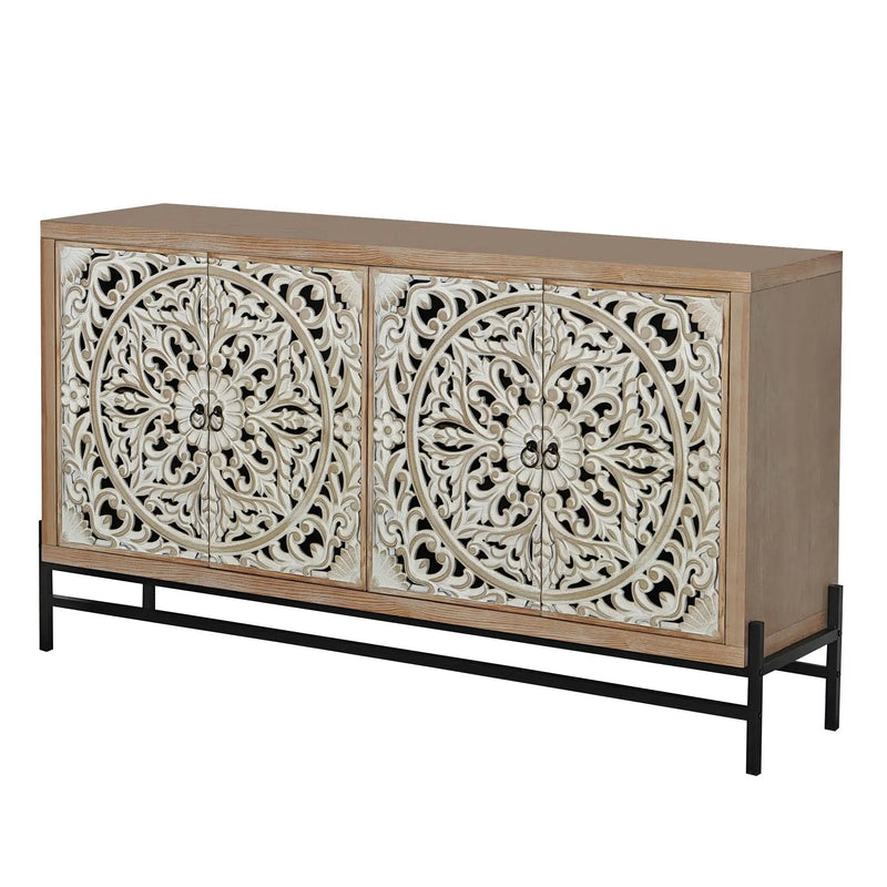 4 Door Wood Cabinet, Vintage Carved Wood with Metal Base by HouseOfZazla