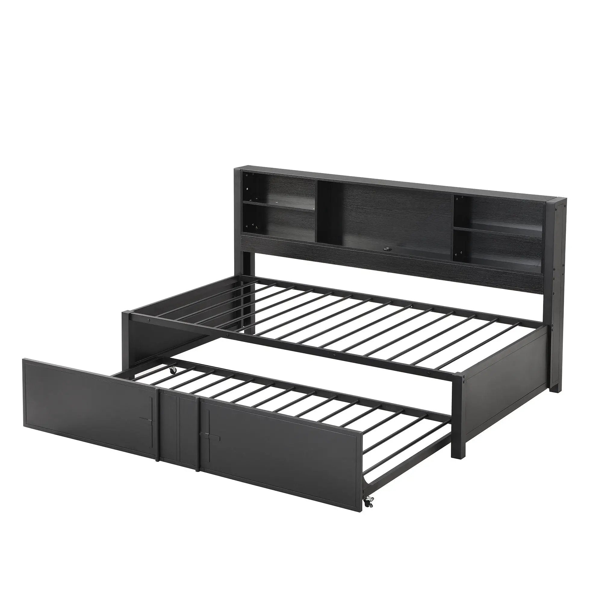 Industrial Metal Daybed With Trundle, Storage Shelves, USB Ports by HouseOfZazla