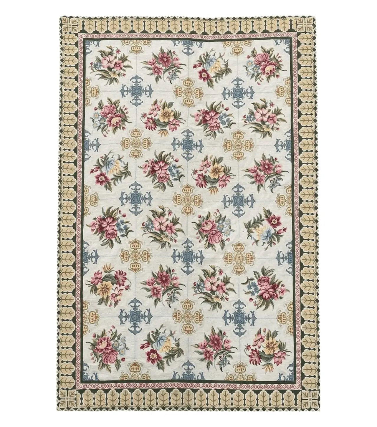 Hand-Knotted Needlepoint Carpet 6x9, Ivory/Cream Background, Colorful Flowers, Yellow Border, Aubusson Rug 6 x 9, New, Handmade by Jewel Rugs