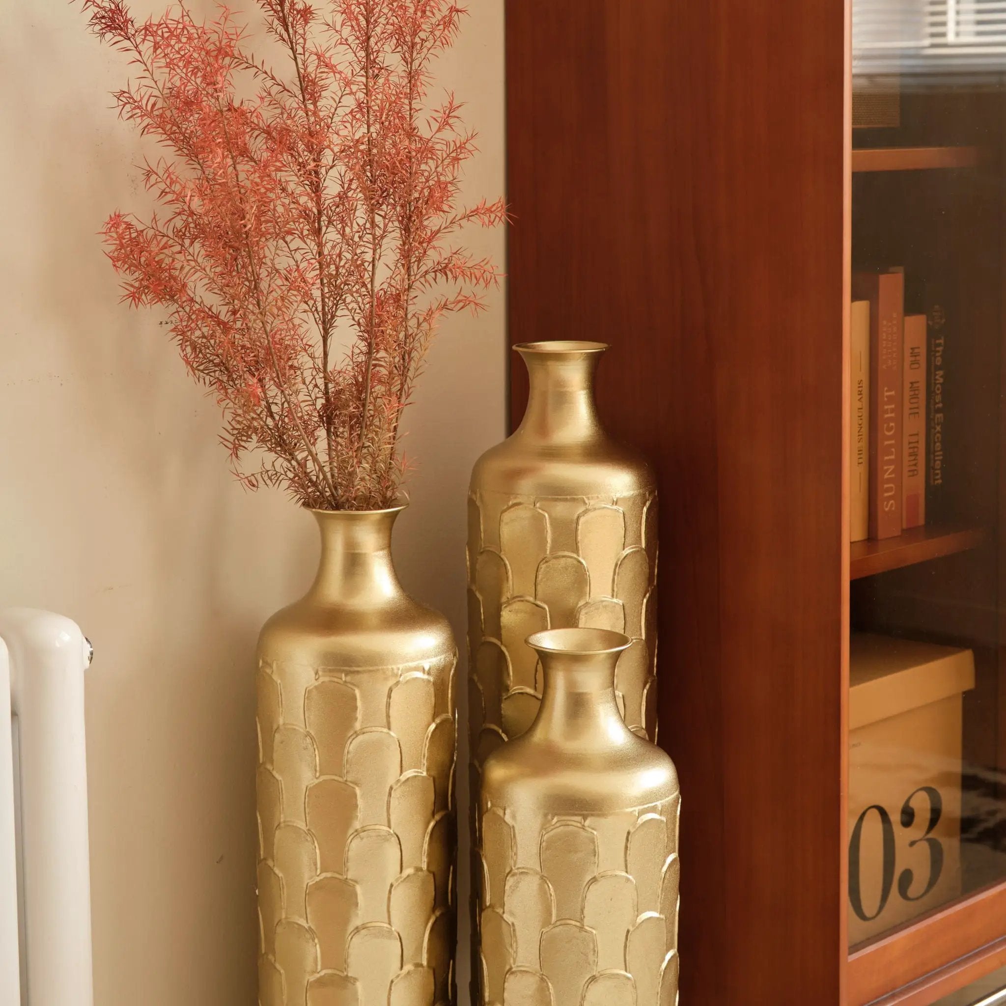 Floor Metal Vases Decorated White Metal Vases (Set of 3) Gorgeous Home Decoration Large Glazed Metal Vases - Golden by HouseOfZazla