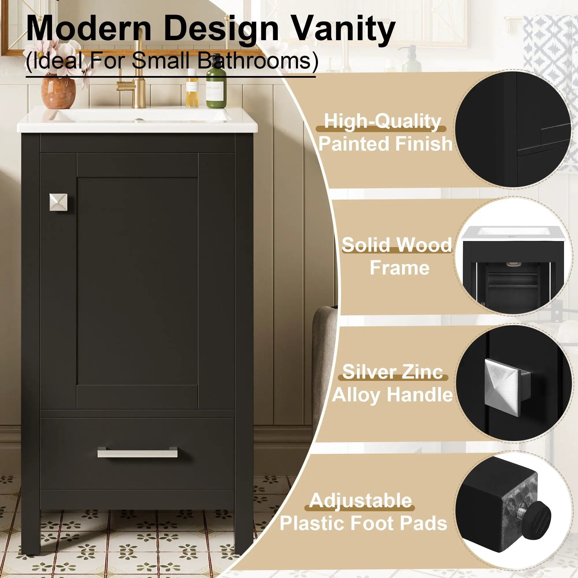 Bathroom Vanity With Ceramic Sink, Soft Close Drawers, Door Organizer, Divider Drawer, Adjustable Foot Pads by HouseOfZazla