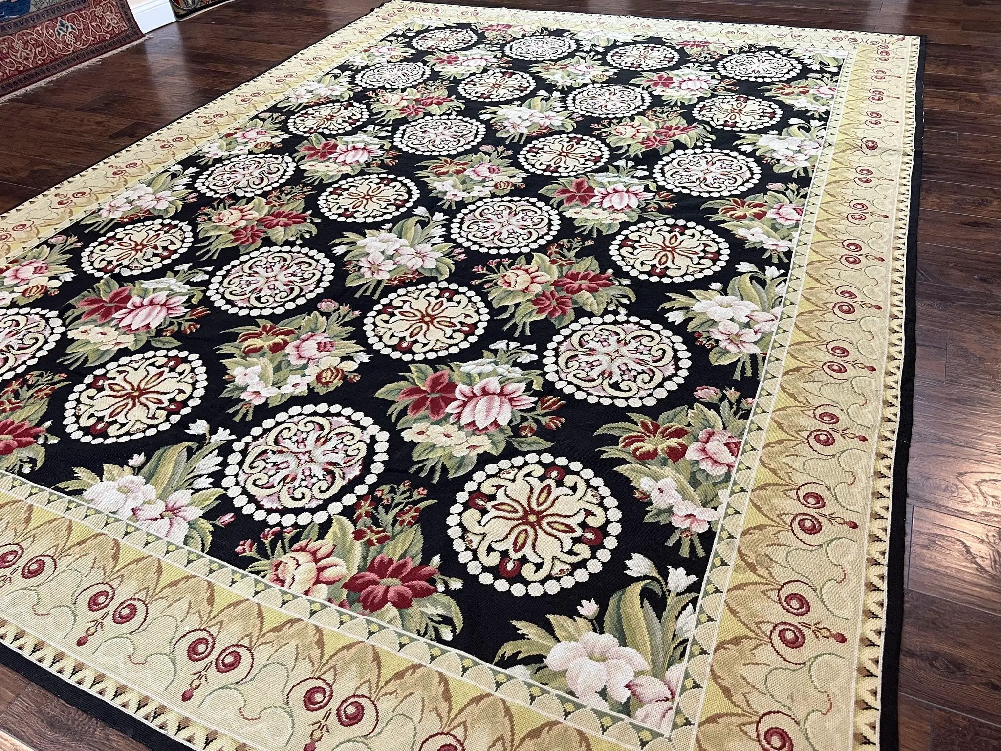 9x12 Black Needlepoint Rug, European Floral Panel Design, Handwoven, Vintage Chinese Needlepoint, Black Green Beige, Wool Rug 9 x 12 by Jewel Rugs