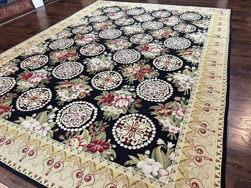 9x12 Black Needlepoint Rug, European Floral Panel Design, Handwoven, Vintage Chinese Needlepoint, Black Green Beige, Wool Rug 9 x 12 by Jewel Rugs