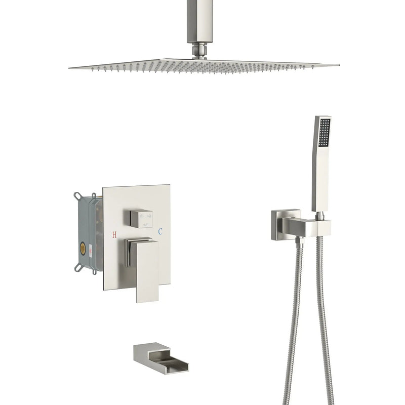 16" Ceiling Mount Square Shower System With Waterfall Tub Spout And Rough In Valve by HouseOfZazla