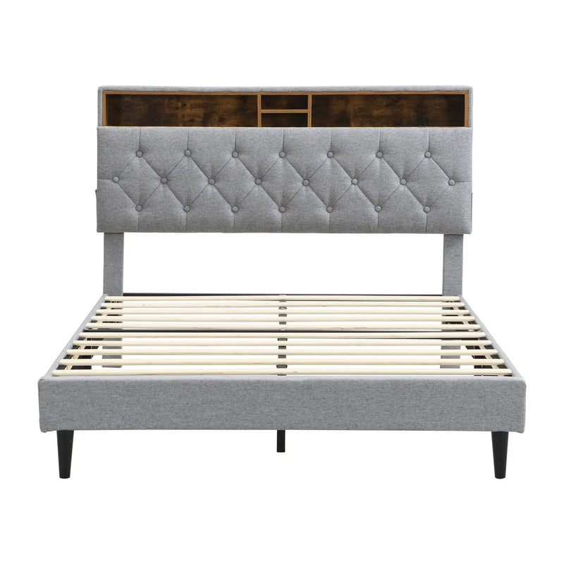 Modern Upholstered Platform Bed Frame With Button Tufted Headboard And USB Ports by Unique Piece Furniture