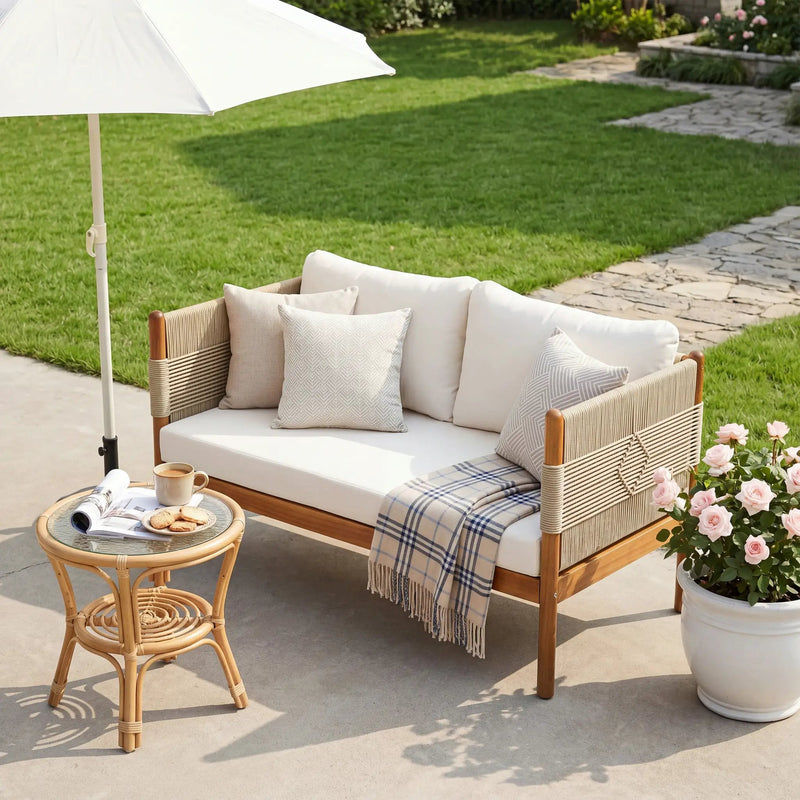 Outdoor Acacia Wood Loveseat with Diamond Rope Weave & Cushions, Teak Finish by HouseOfZazla
