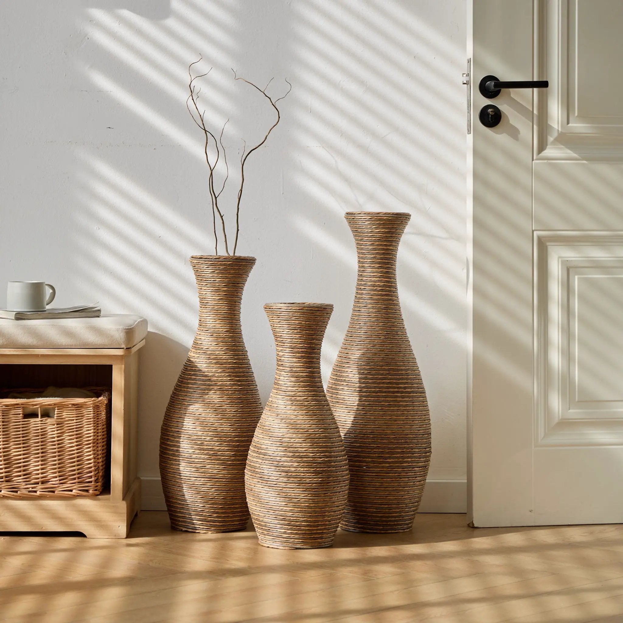 3 Piece Artificial Rattan Floor Vase Set Decorative Accent For Living Room, Hallway & Entryway, Ideal For Dried Or Silk Flower Arrangements - Beige by HouseOfZazla