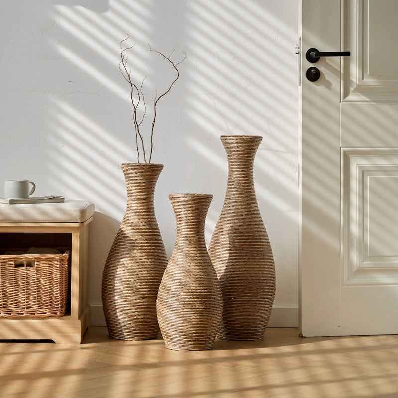 3 Piece Artificial Rattan Floor Vase Set Decorative Accent For Living Room, Hallway & Entryway, Ideal For Dried Or Silk Flower Arrangements - Beige by HouseOfZazla