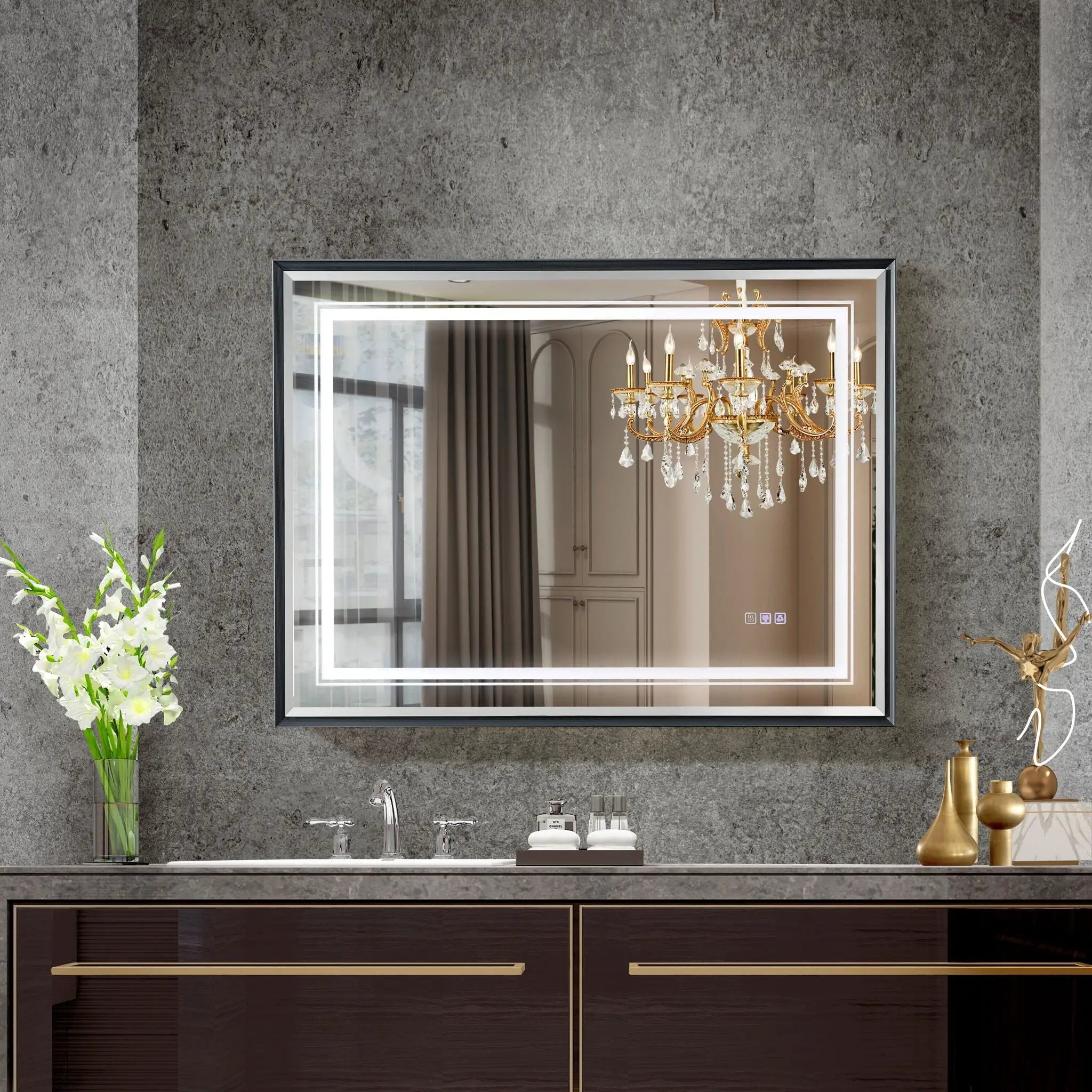 LED Bathroom Beveled Mirror, 3000 - 6000K Gradient Front And Backlit LED Mirror For Bathroom, 3 Colors Dimmable, Ip54 Enhanced Anti Fog by Unique Piece Furniture