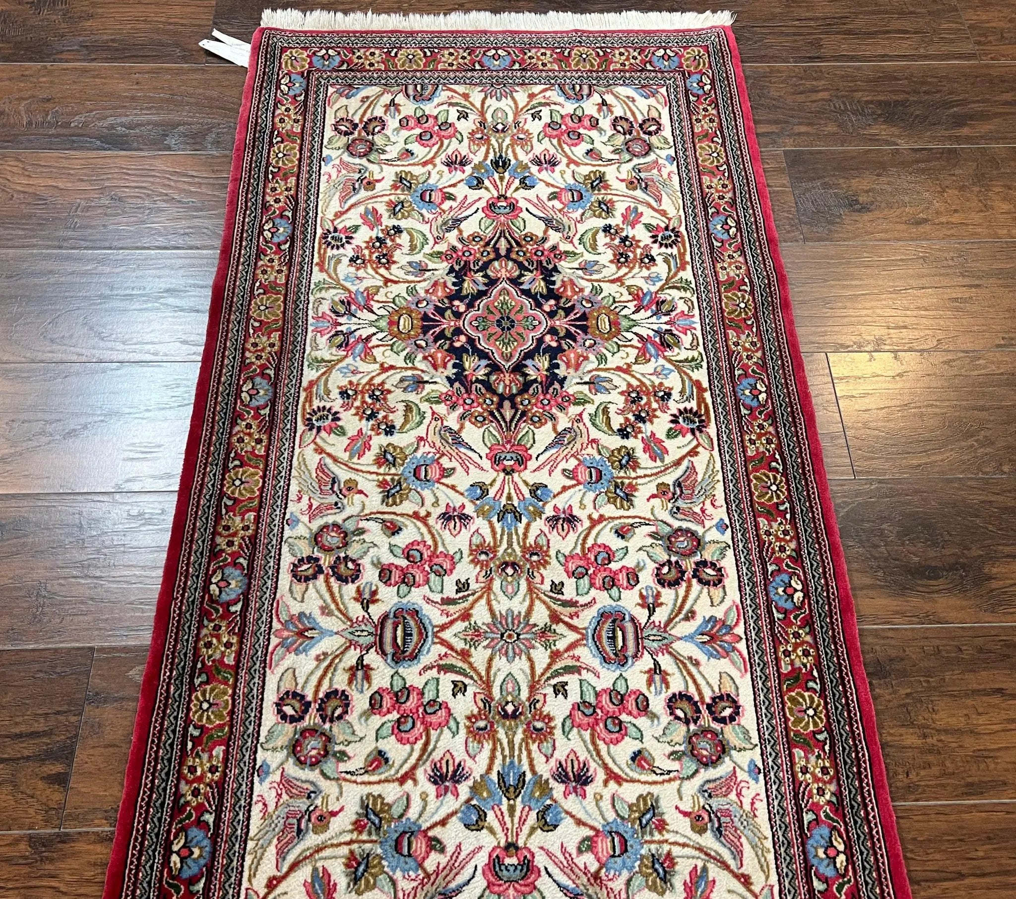 Wonderful Persian Qum Runner Rug 2.8 x 10 ft, Floral Medallions with Bird Motifs, Hand Knotted Wool Fine Oriental 10ft Hallway Runner, Cream Red by Jewel Rugs