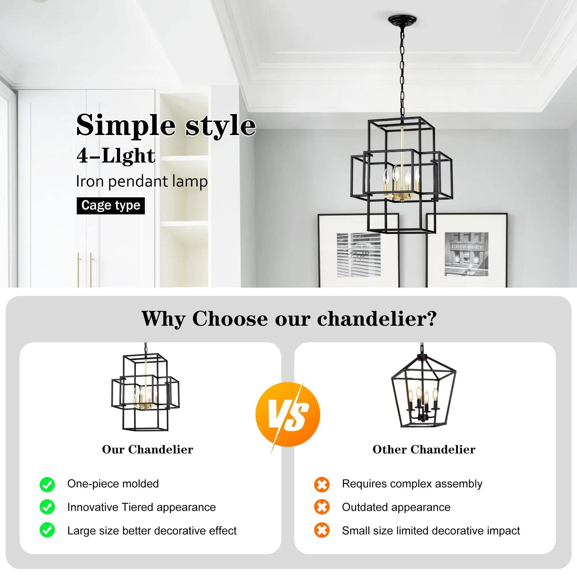 4 Light Metal Lantern Tiered Pendant Hanging Light Fixtures, Industrial Farmhouse Adjustable Height Chandeliers For Dining Room Hallway Foyer Entryway (E12 Bulbs Not Included) by Unique Piece Furniture