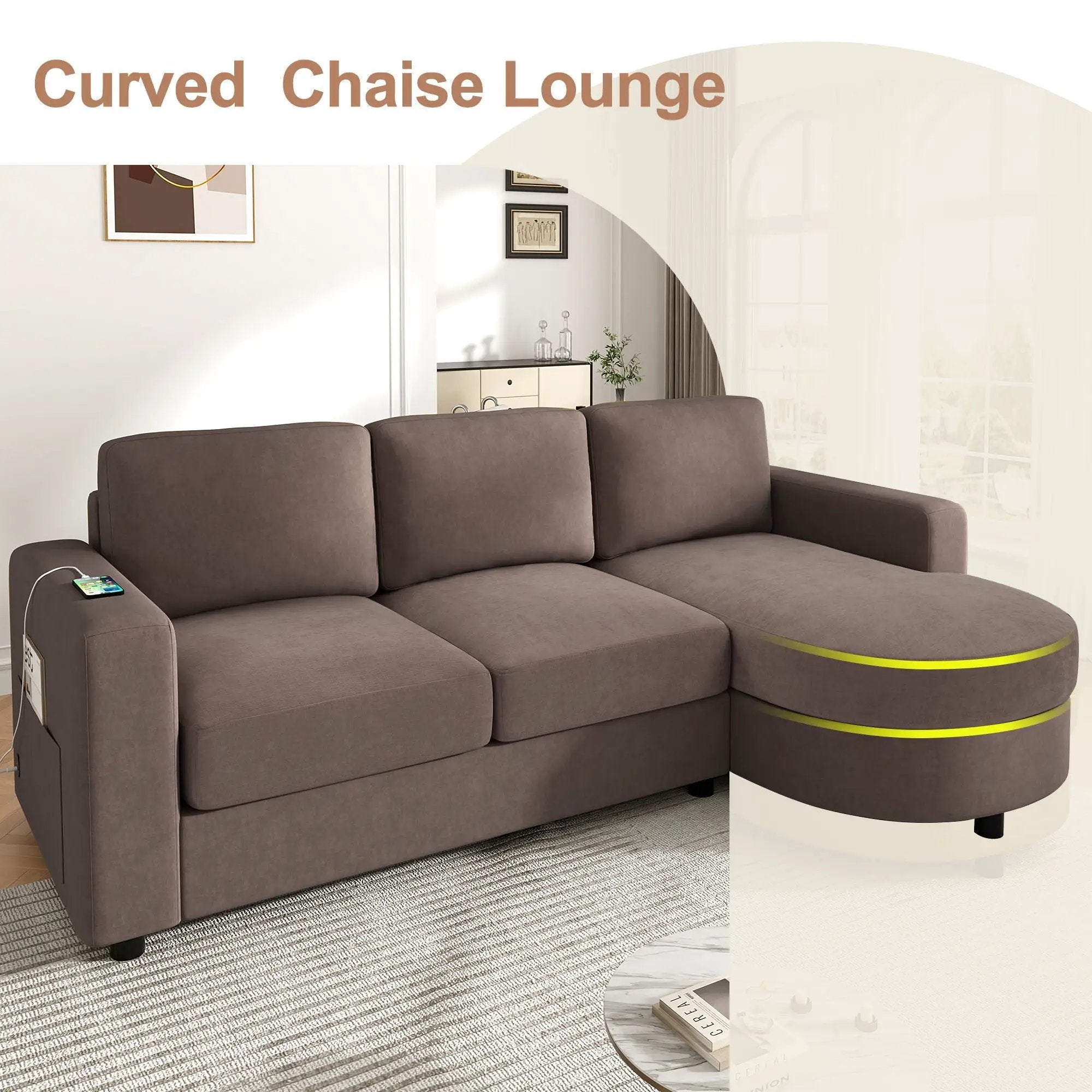 Modern L-Shaped Sectional Sofa With Curved Chaise, USB Ports, And Side Storage Pockets
