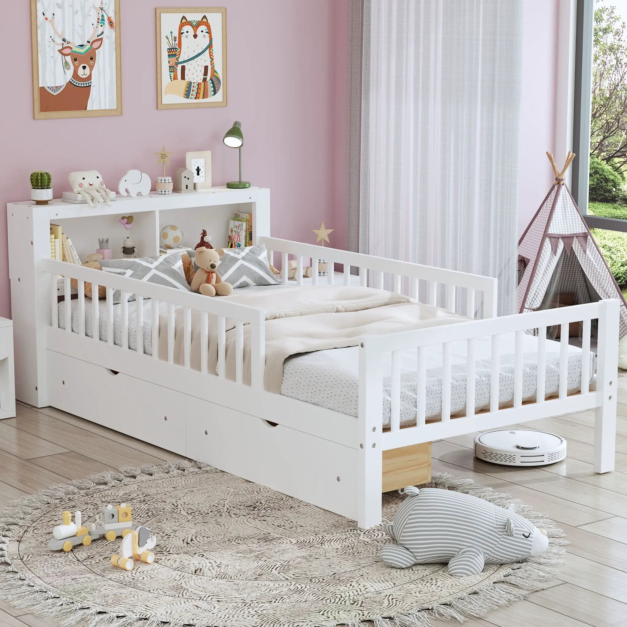 Bed With Headboard Storage Rack, 2 Under Bed Drawers, 3 Side Guardrails For Safety by Unique Piece Furniture