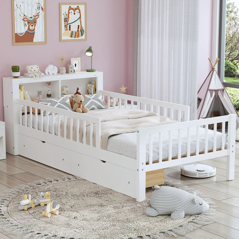 Bed With Headboard Storage Rack, 2 Under Bed Drawers, 3 Side Guardrails For Safety by HouseOfZazla