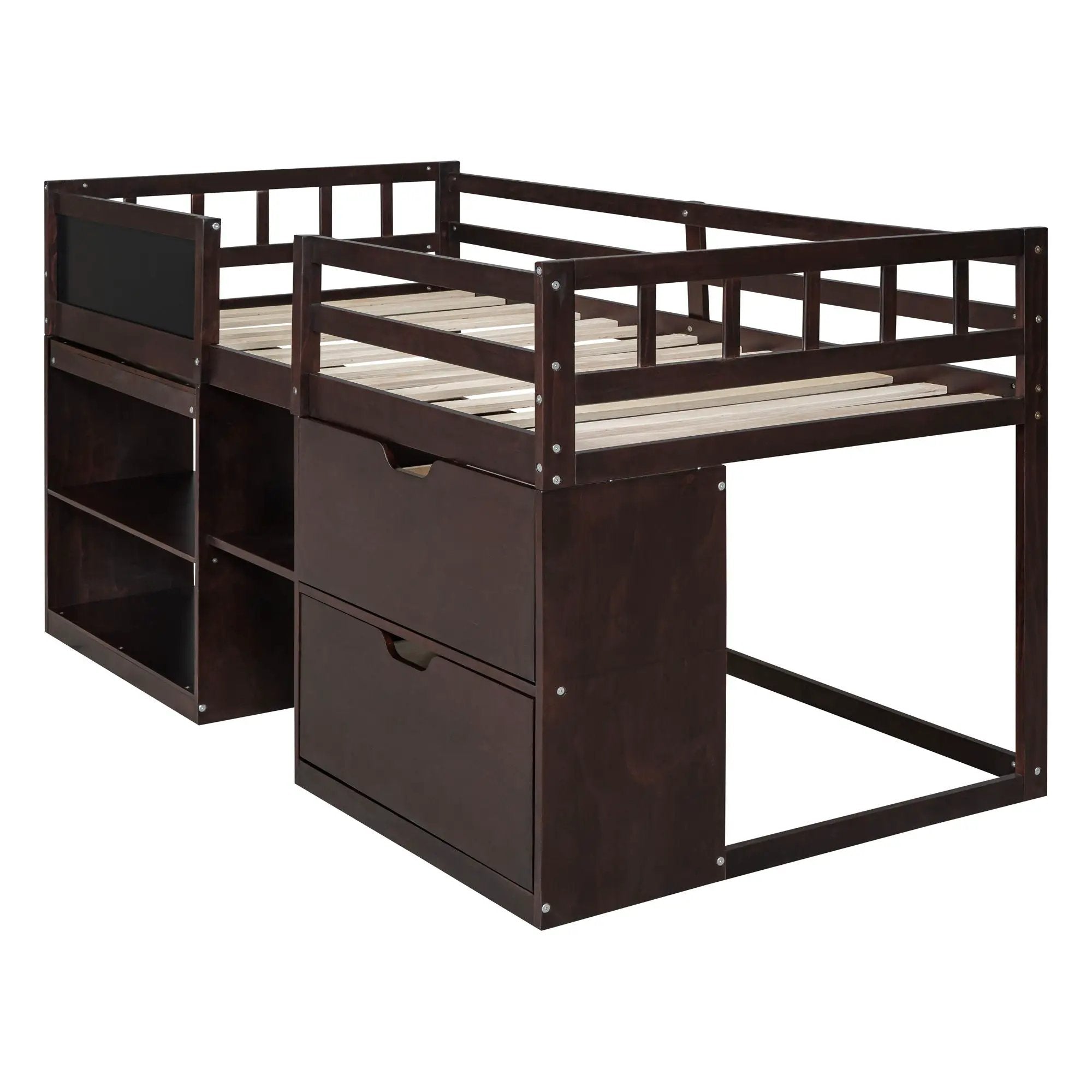Low Loft Bed With Rolling Desk, Shelf And Drawers by HouseOfZazla