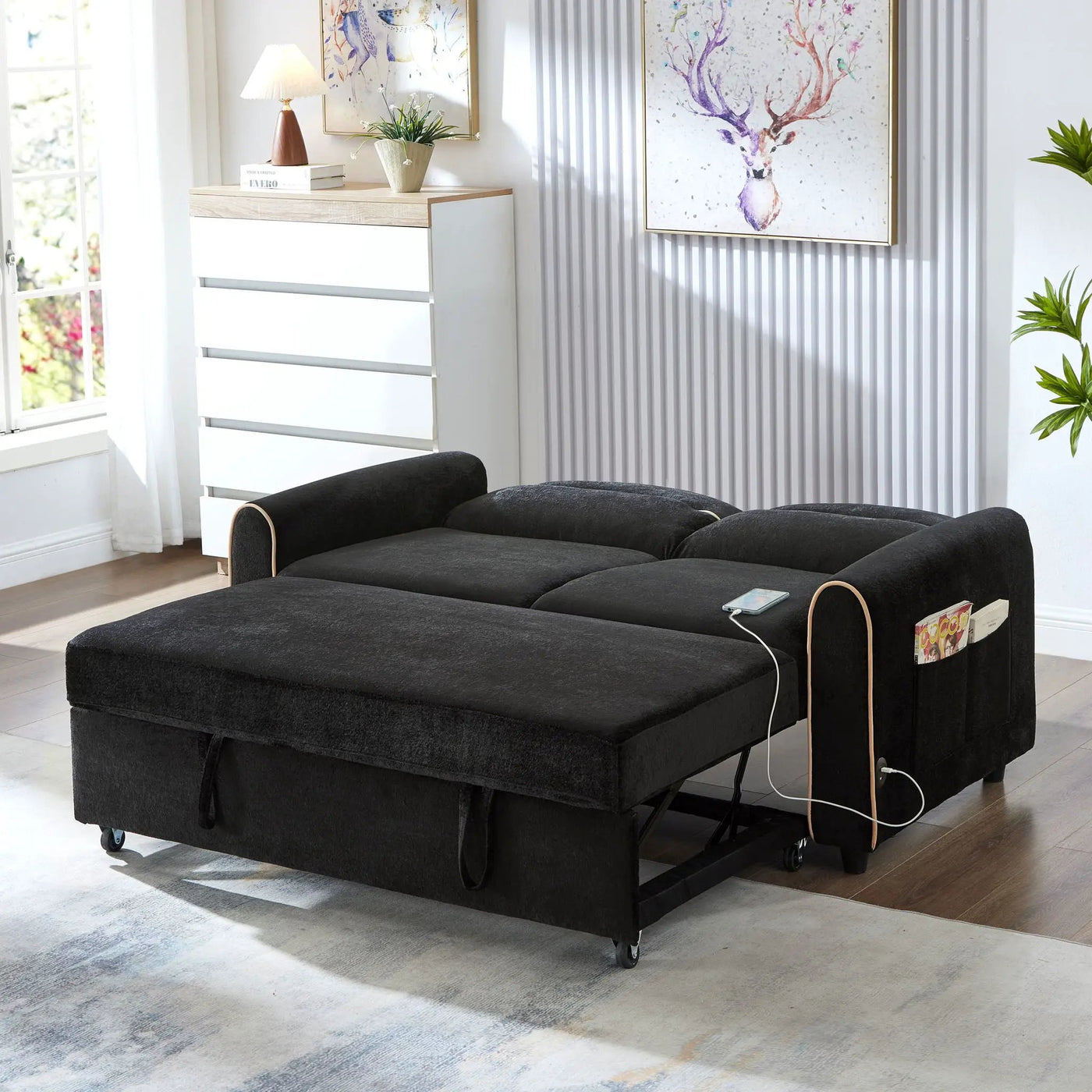 Pull Out Sofa Bed With Adjustable 3 Position Backrest, USB Charging Ports, Side Pockets by Unique Piece Furniture
