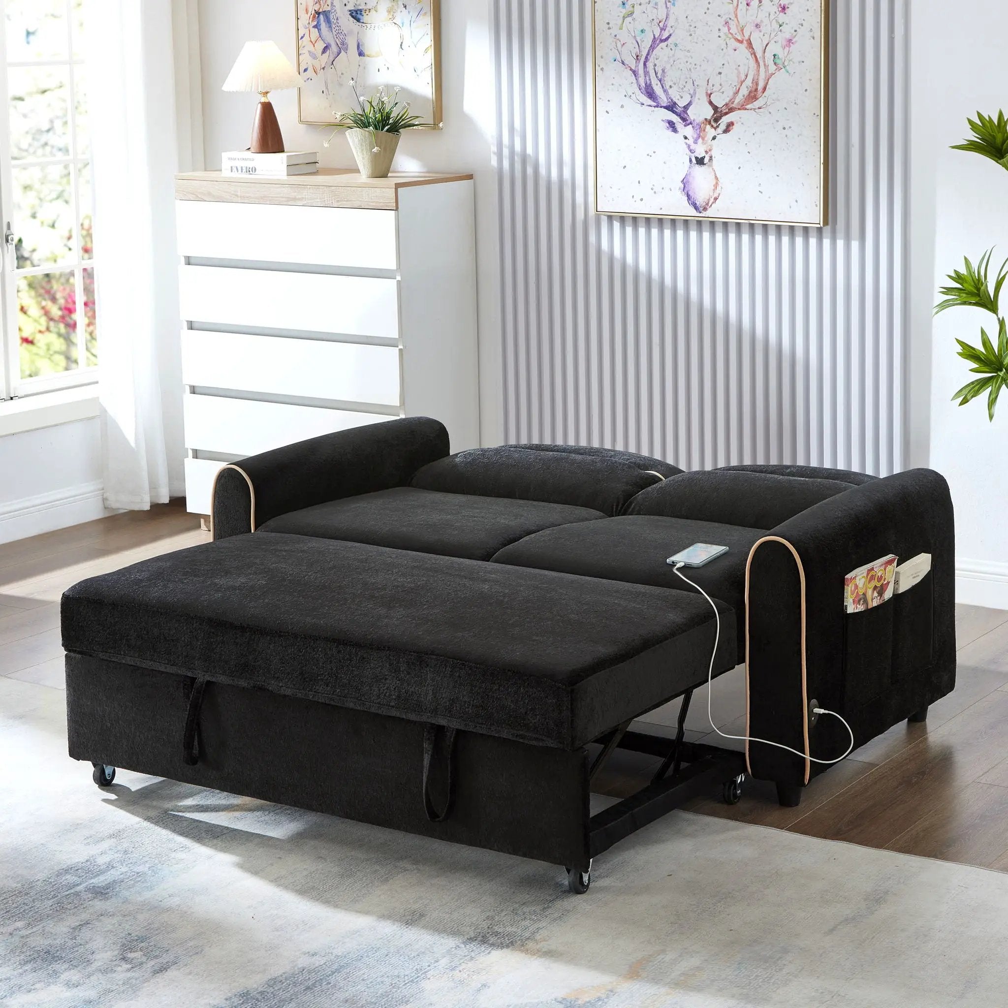 Pull Out Sofa Bed With Adjustable 3 Position Backrest, USB Charging Ports, Side Pockets by Unique Piece Furniture