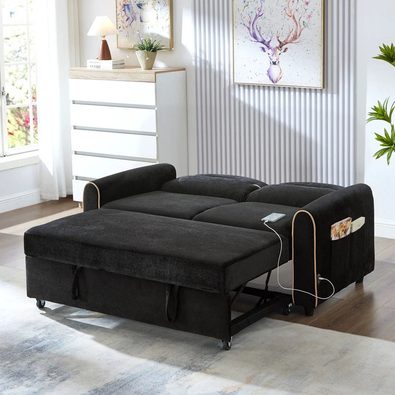 Pull Out Sofa Bed With Adjustable 3 Position Backrest, USB Charging Ports, Side Pockets by Unique Piece Furniture