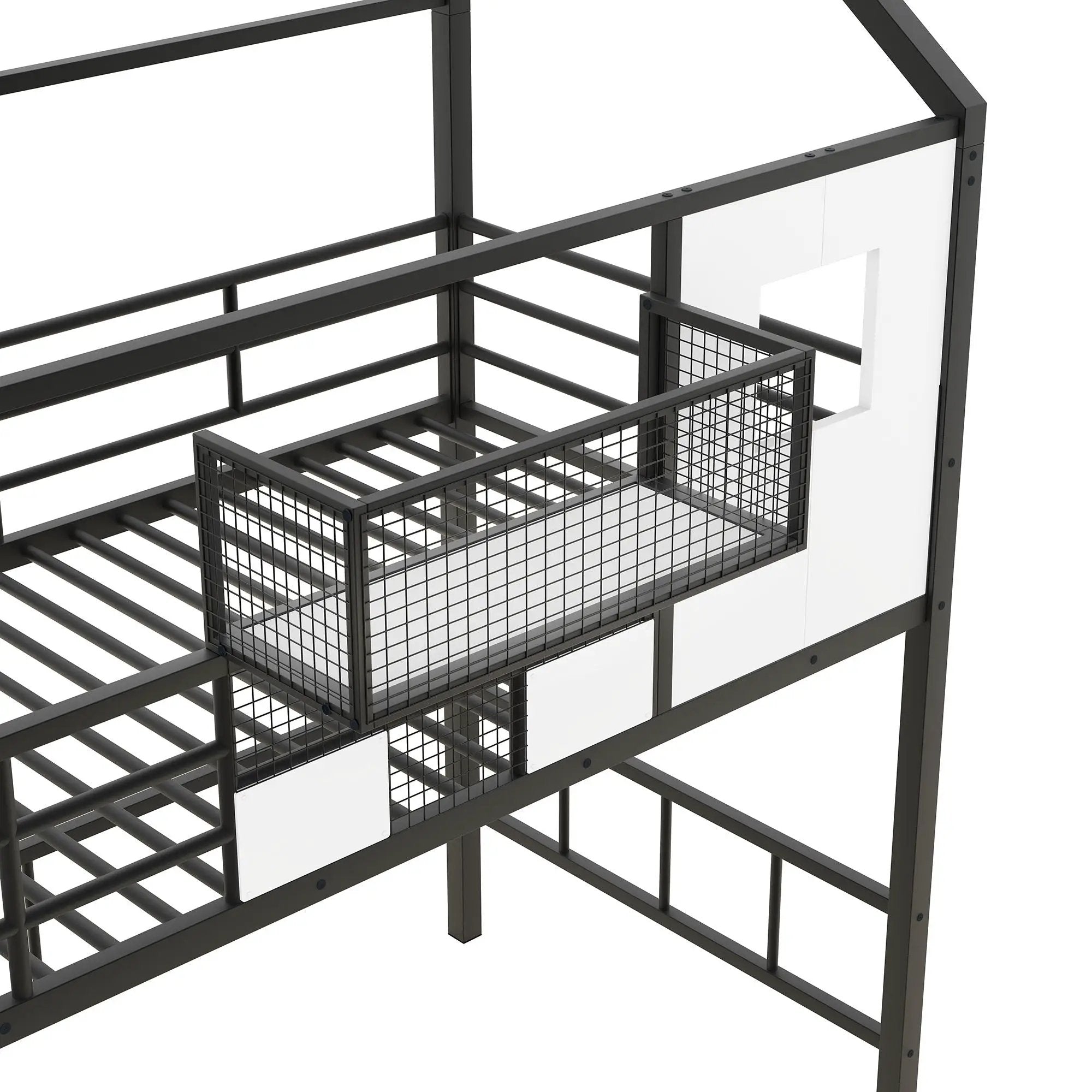 Metal Loft Bed With Roof Design And Storage Box With Guardrails And Integrated Ladder by HouseOfZazla