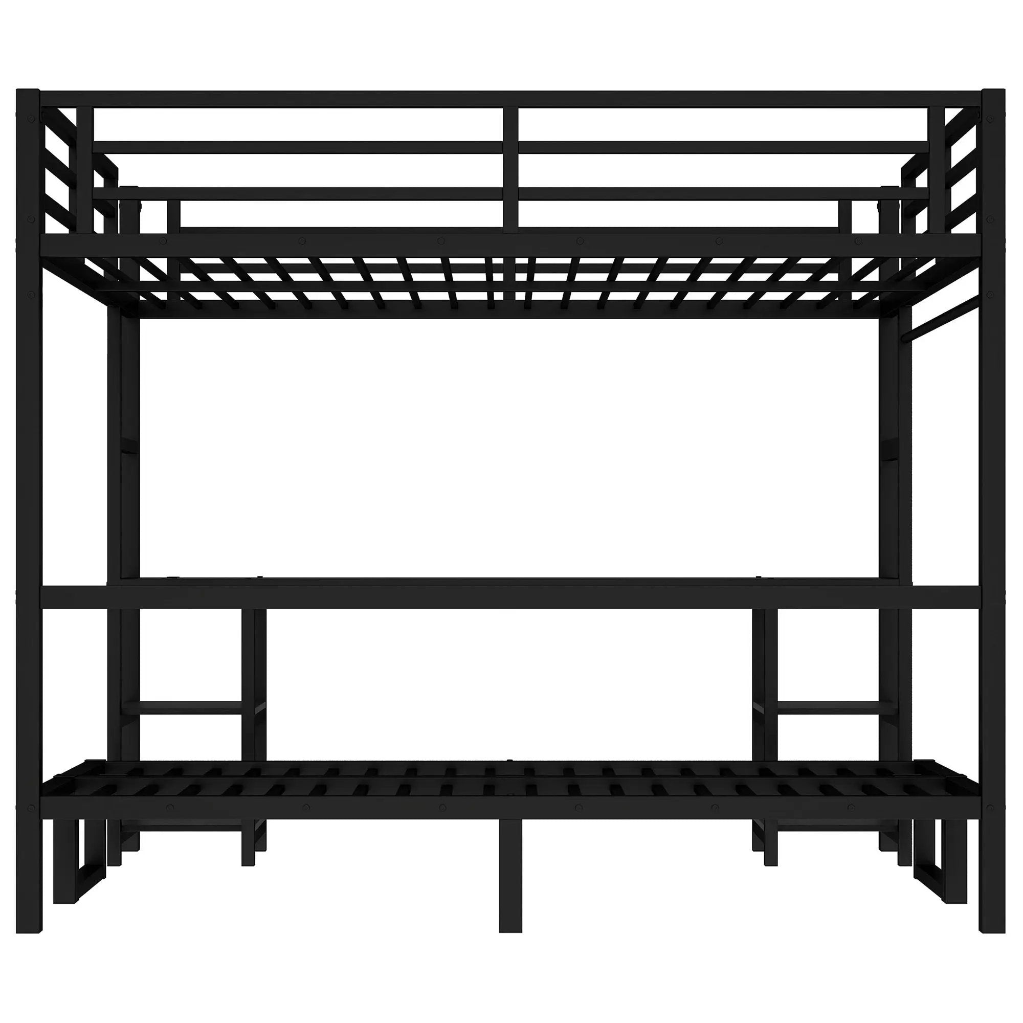 Queen Over Twin XL Metal Bunk Bed with Desk and Shelves by HouseOfZazla