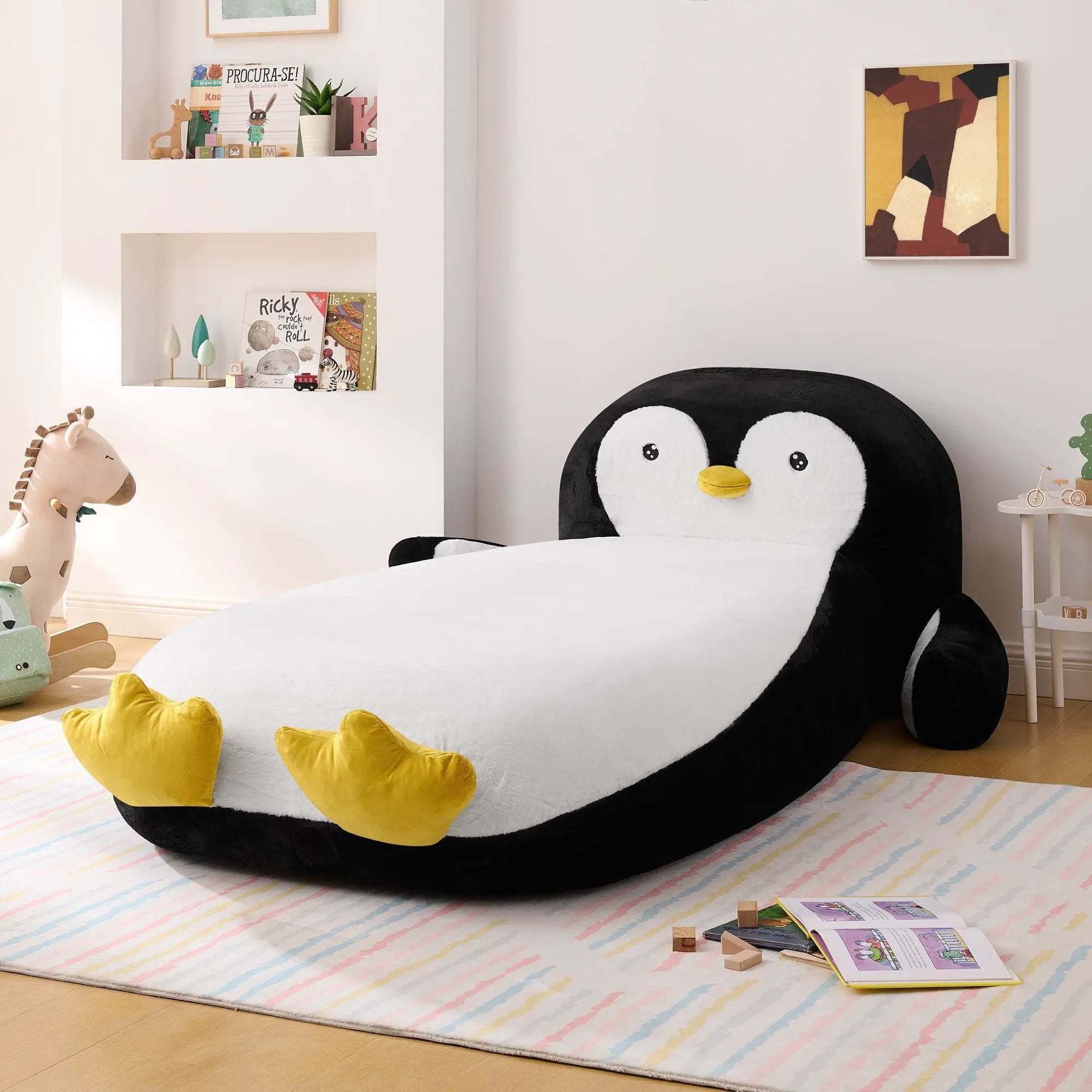 Twin Size Penguin Shaped Bed, Lounger Chair For Kids Bedroom - White / Black by Unique Piece Furniture