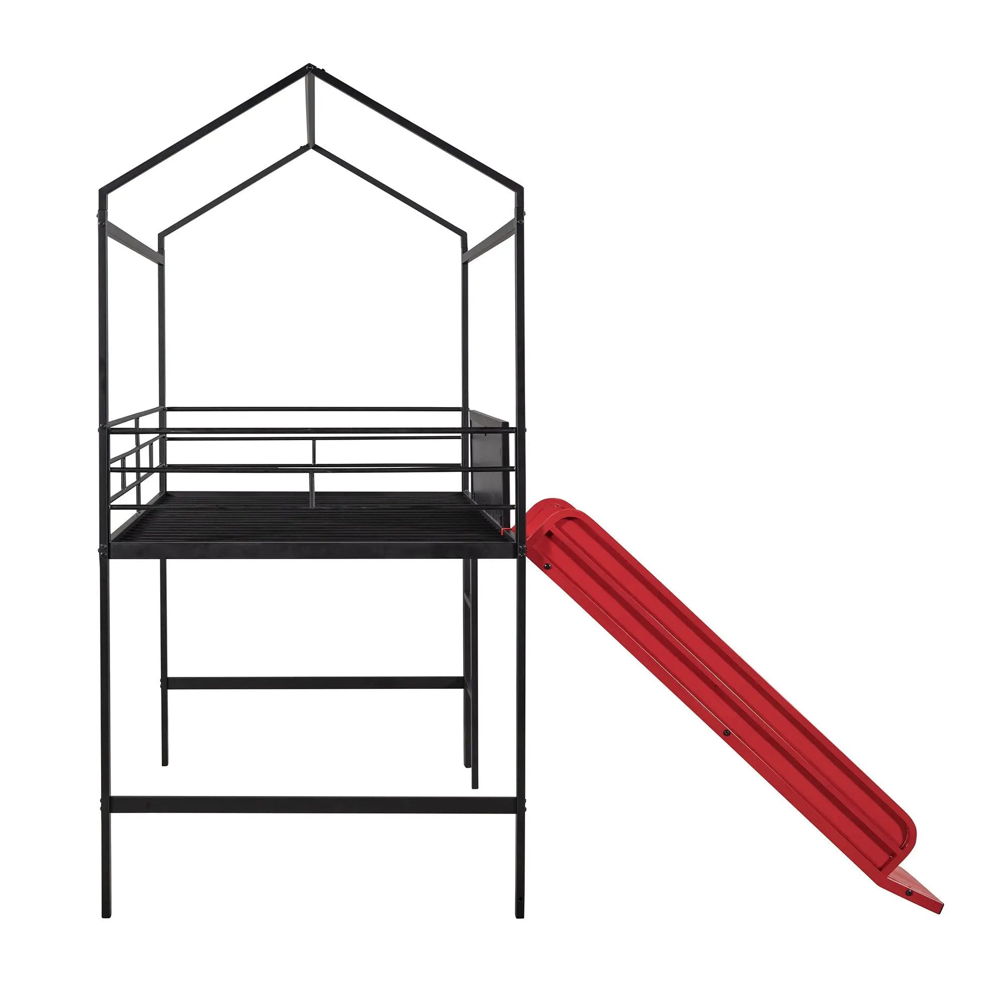 Twin Metal Loft Bed With Slide And 2 Sided Writable Wooden Board - Black by HouseOfZazla