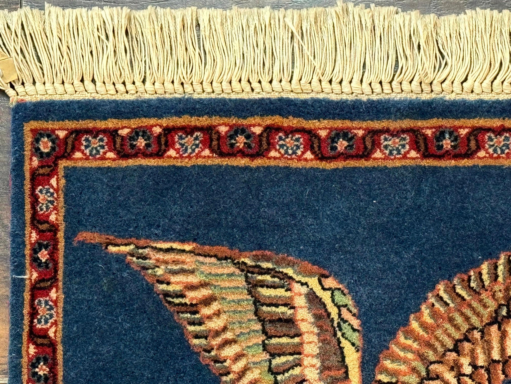 Pictorial Rug of American Flag with Bald Eagle, Small Indo Persian Pictorial Rug, Blue, Handmade, Very Fine 330 KPSI by Jewel Rugs