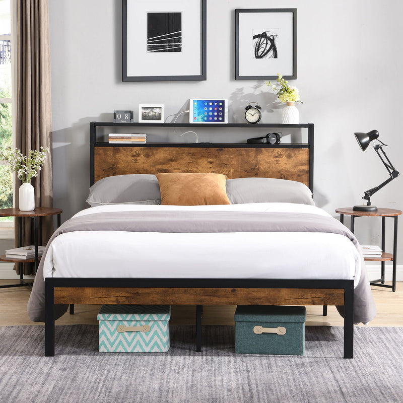 Metal Platform Bed Frame With Wooden Headboard And Footboard With USB Liner, No Box Spring Needed, Under Bed Storage by HouseOfZazla