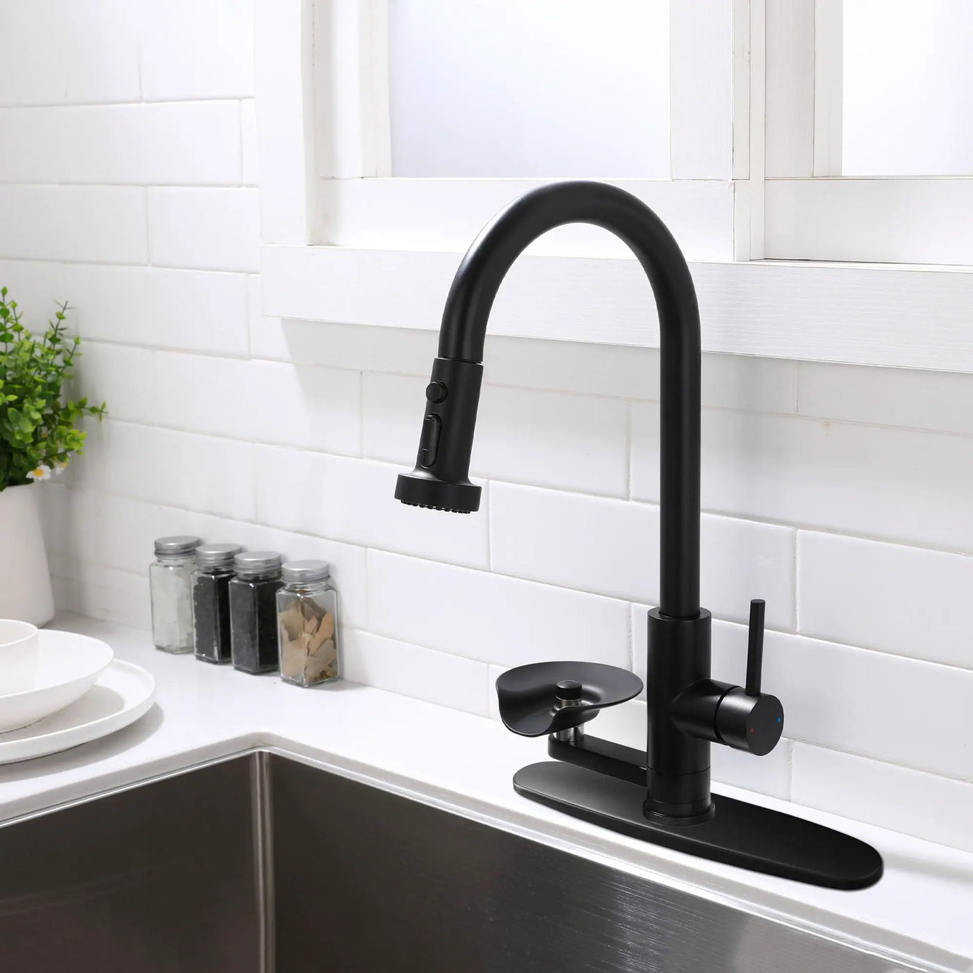 3 In 1 Kitchen Faucet With Press Type Glass Rinser, High Arc Pull Down Sprayer by HouseOfZazla