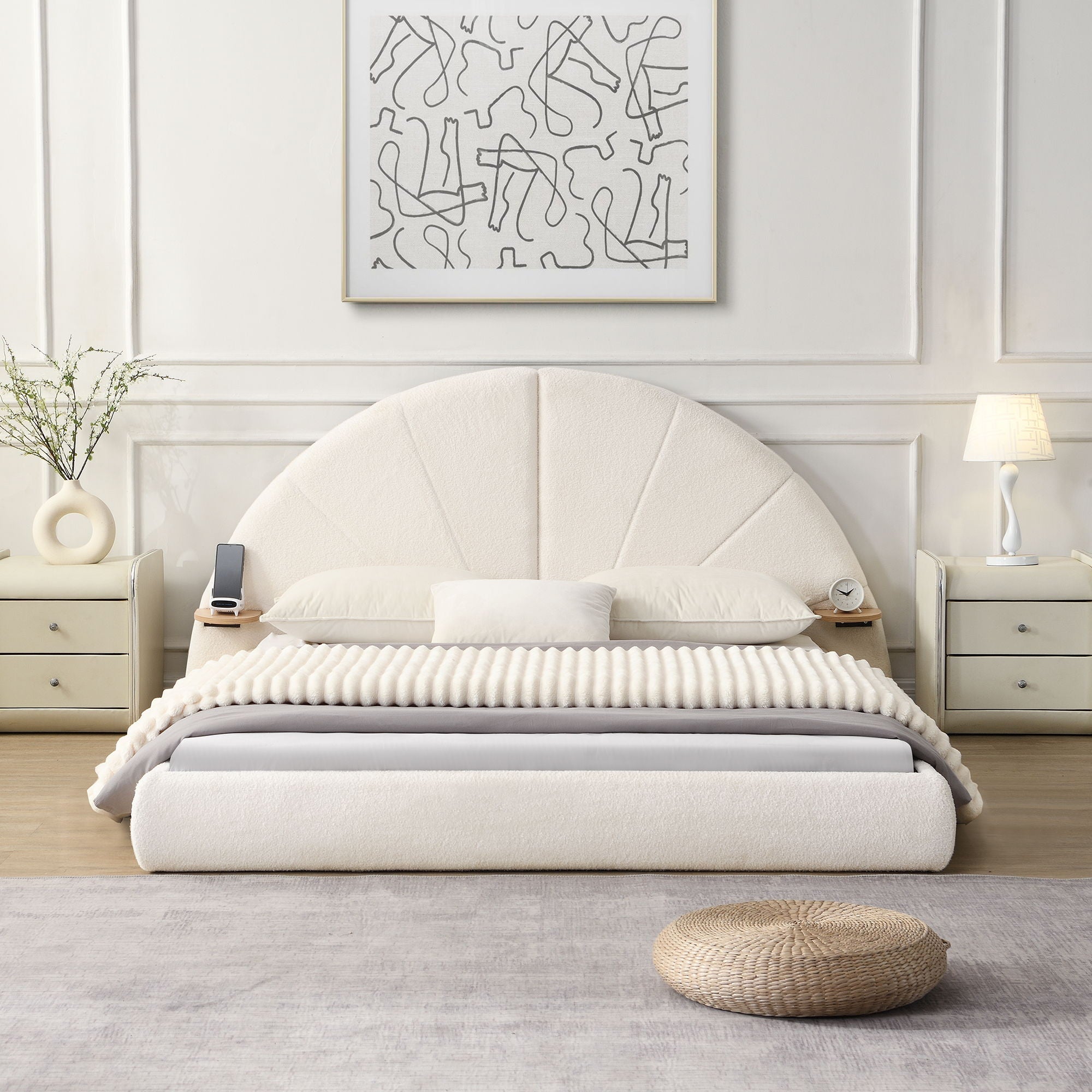 Queen Arched Bed With Small Table, Floor Standing Design - Beige by HouseOfZazla