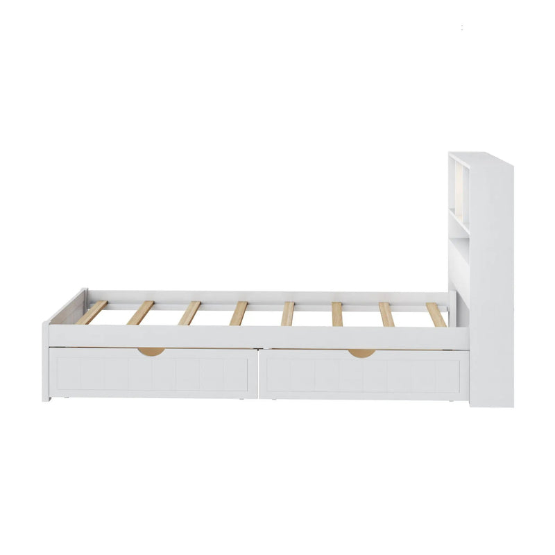 Platform Bed With Bookcase Headboard, Built-In Downlight, Charging Station, And 2 Side Drawers