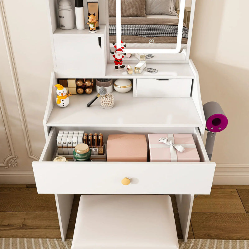 3 Color LED Vanity Mirror With Stool, Dressing Table For Bedroom, 2 Drawers & 5 Storage Cabinets (4 Open + 1 Hidden), Adjustable Lighting - White by HouseOfZazla