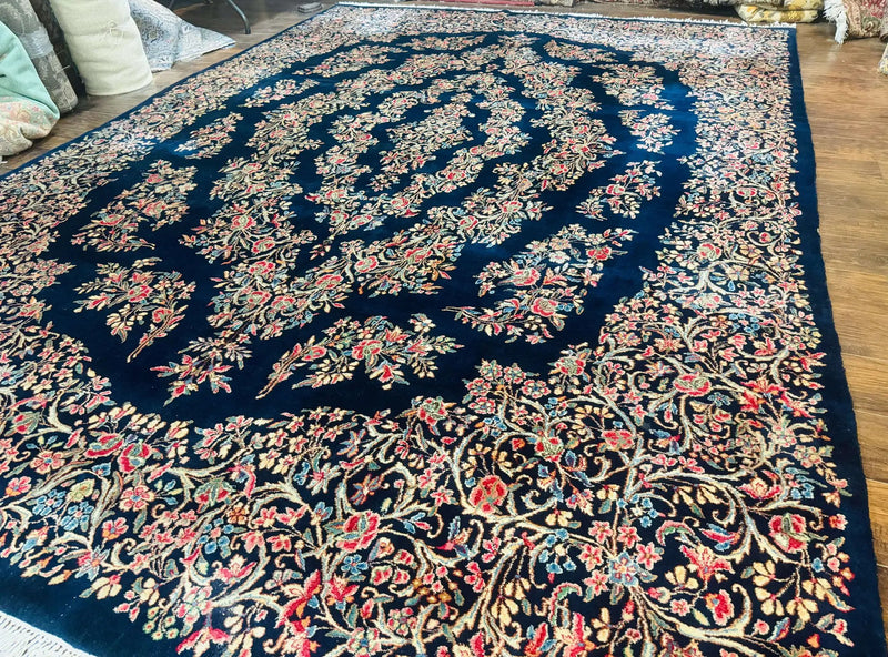 Antique Persian Kerman Rug 10x13, Navy Blue Floral Carpet, Fine 270 KPSI by Jewel Rugs