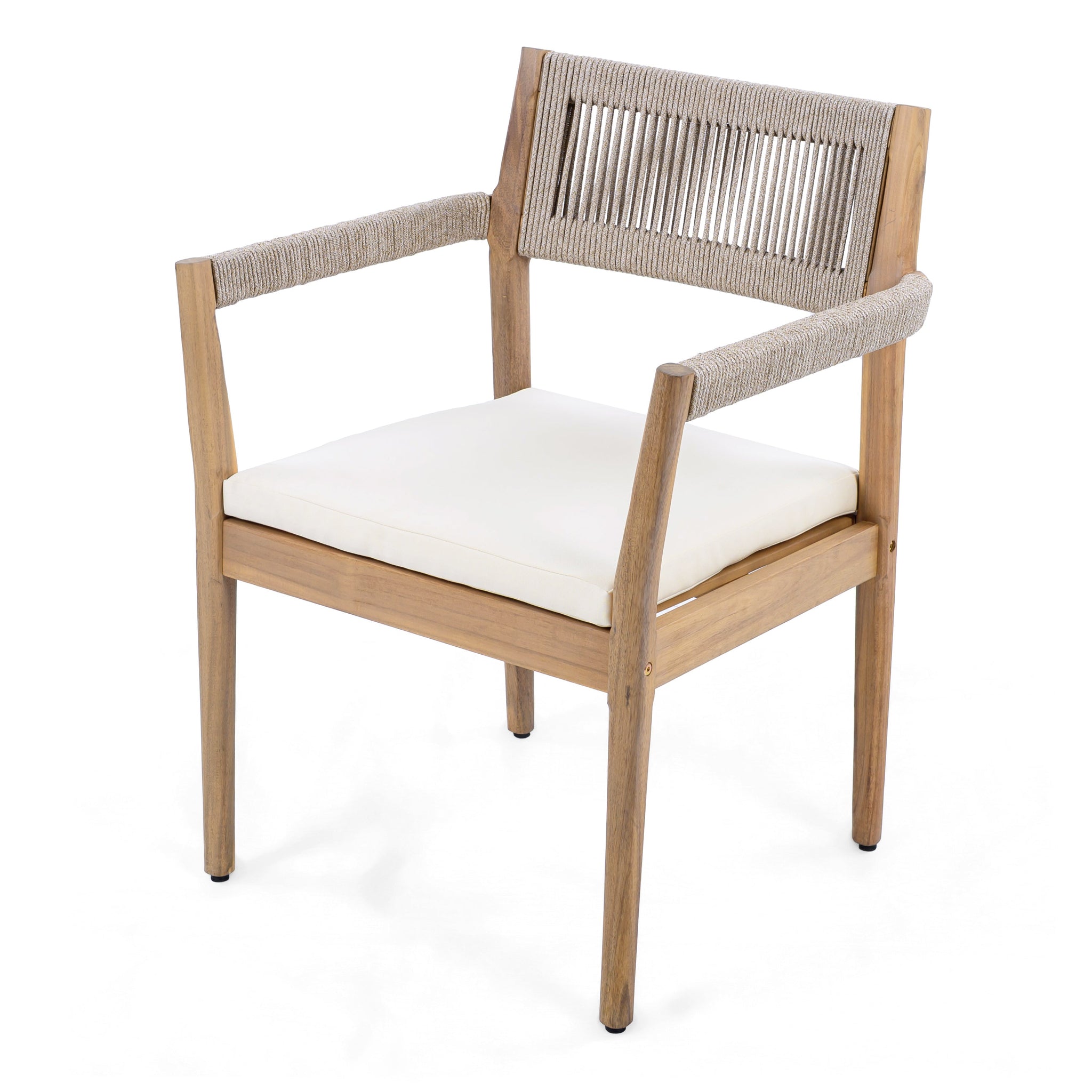 Braided Acacia Wood Outdoor Dining Chairs Set of 4 – Teak Look with Beige Rope & Cream Cushions by HouseOfZazla