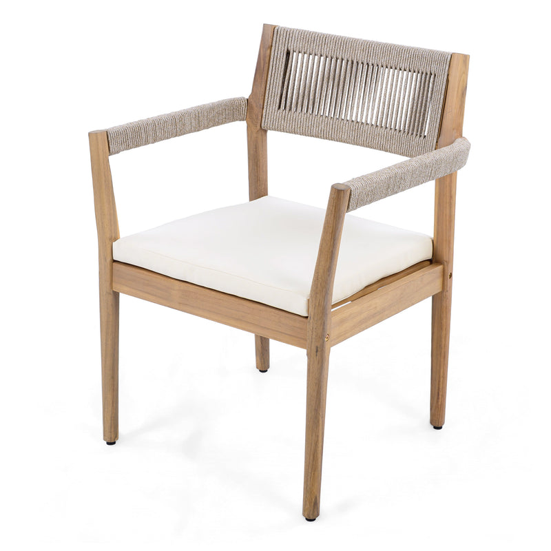 Braided Acacia Wood Outdoor Dining Chairs Set of 4 – Teak Look with Beige Rope & Cream Cushions by HouseOfZazla