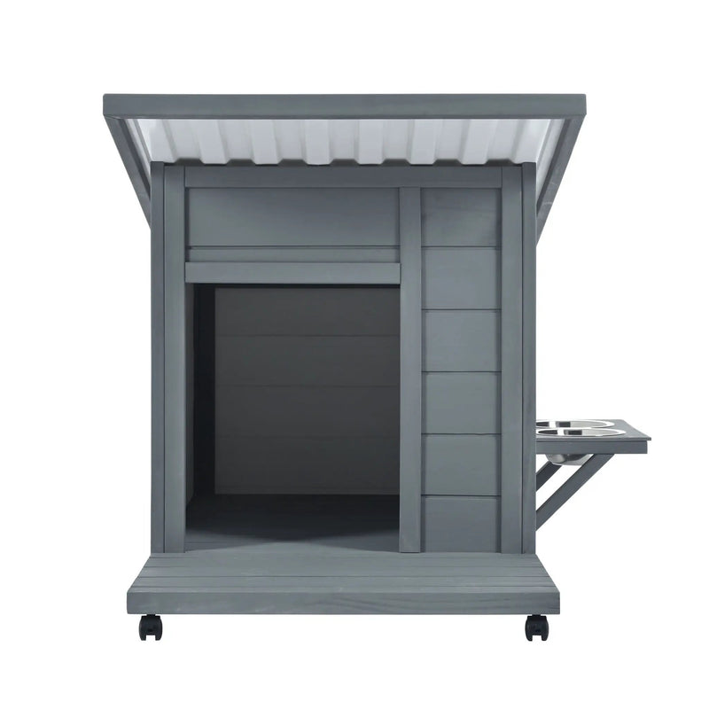 Modern Design Outdoor Dog House With Food Bowl And Wheels Pine - Gray / White by HouseOfZazla