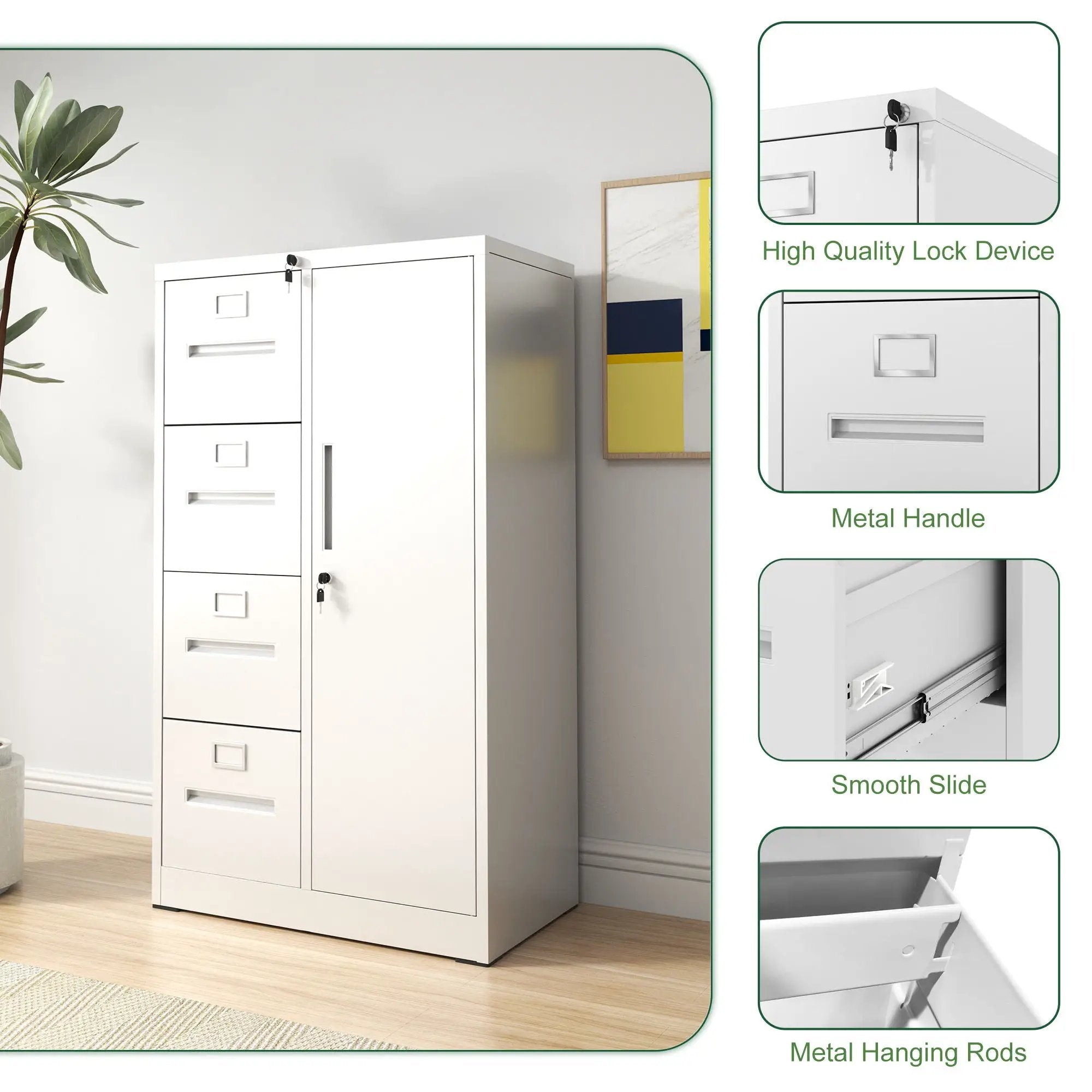 Metal Storage Vertical Filing Cabinet With Lock, 4 Drawers, 1 Door, Steel Construction, School / Office Use by Unique Piece Furniture